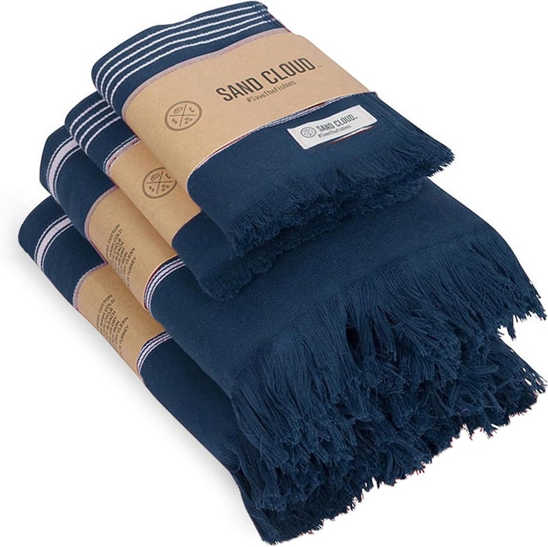 Sand Cloud Turkish Bath Towels Bundle for Bathroom, Set of 4 (Classic Navy) - Large Size - 100% Certified Organic Cotton Yarn is Lightweight, Soft & Absorbent - Premium Bath & Hand Towels Dry Faster - Image 1